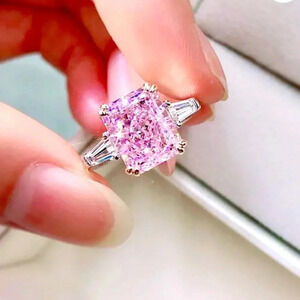 4 CTW RADIANT PINK SAPPHIRE WITH CLEAR TRILLION SIDE STONES SET IN SILVER SIZE 7